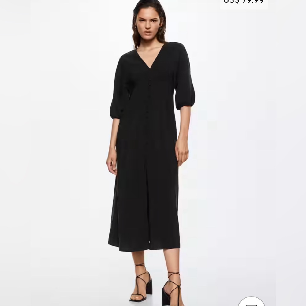 Mango NWT Buttoned Midi Dress in black w 3/4 sleeves.